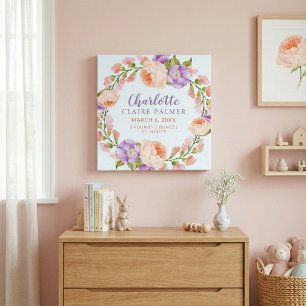 Watercolor Floral Personalized Baby Birth Stats Canvas Print