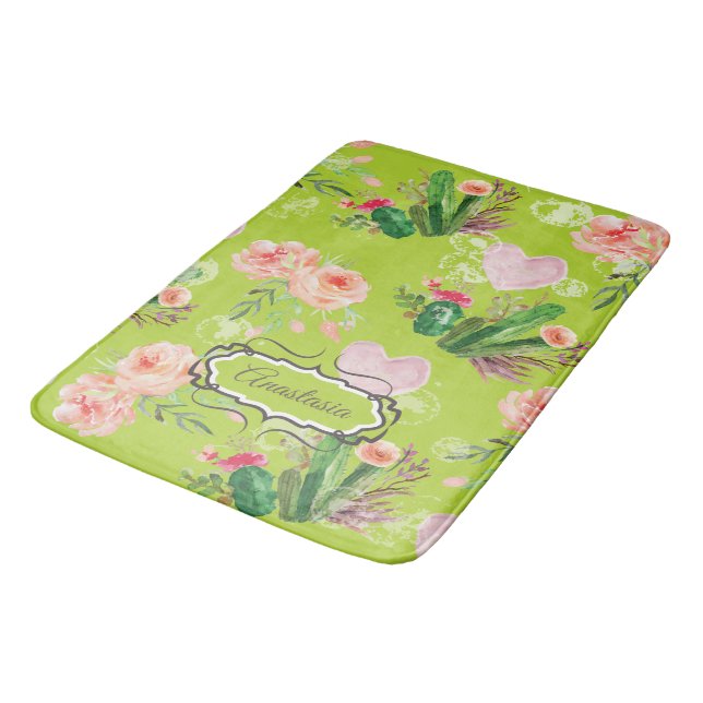 Watercolor Floral Personalized Cactus Bath Mat (Angled)