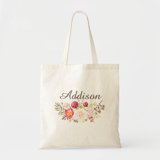 Watercolor Floral Personalized Girls Canvas Tote Bag (Front)