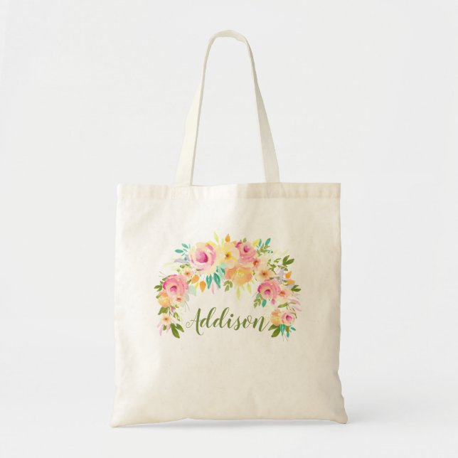 Watercolor Floral Personalized Ladies Canvas Tote Bag (Front)