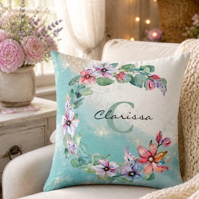 Watercolor Floral Personalized Throw Pillow (Creator Uploaded)