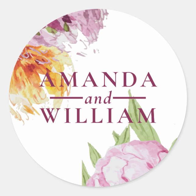 Watercolor Floral Personalized Wedding Classic Round Sticker (Front)