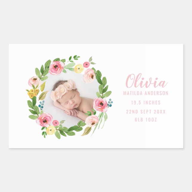 Watercolor floral photo birth announcement sticker (Front)