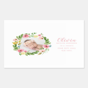 Watercolor floral photo birth announcement sticker