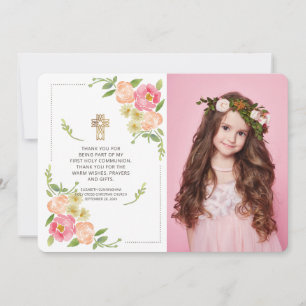 Watercolor Floral Photo Cross Communion Thank You Card