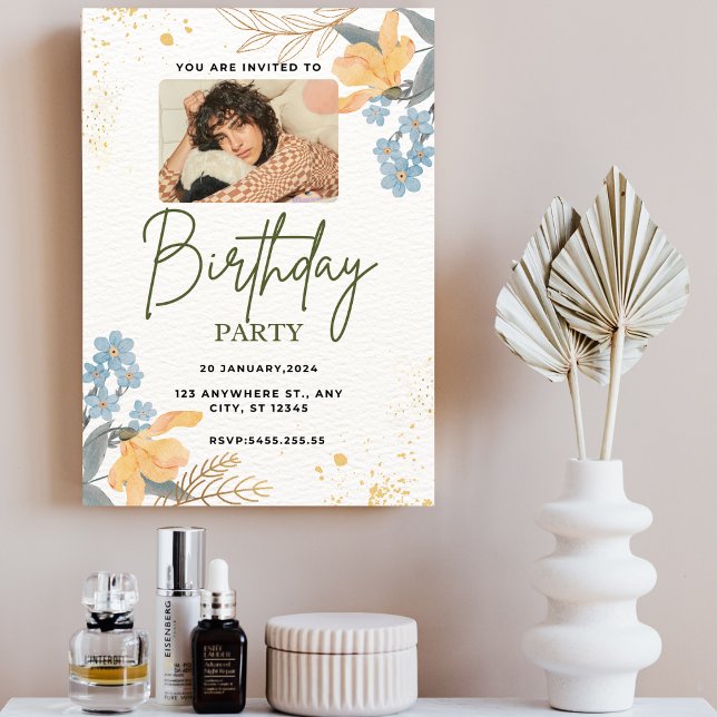 watercolor floral photo cute birthday invitations (Creator Uploaded)