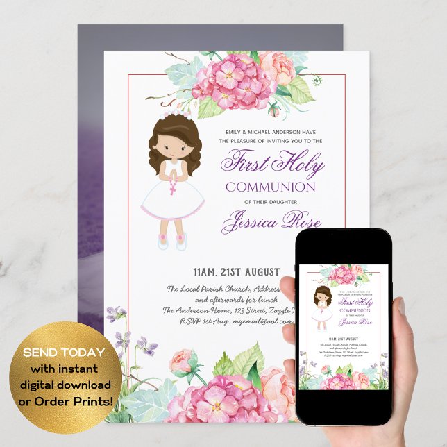 Watercolor Floral PHOTO First Communion Invitation (Créateur téléchargé)