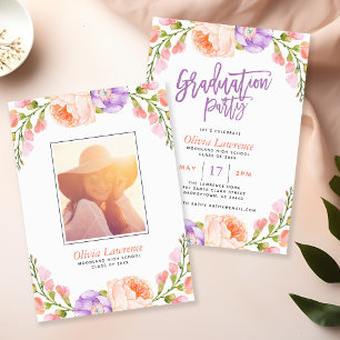 Watercolor Floral Photo Graduation Party Invite