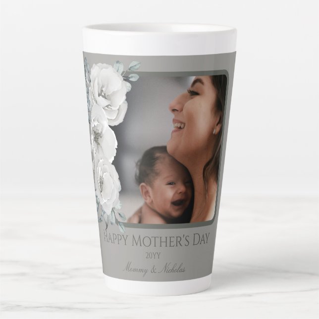 Watercolor Floral Photo Mother's Day | Grey Latte Mug (Front)