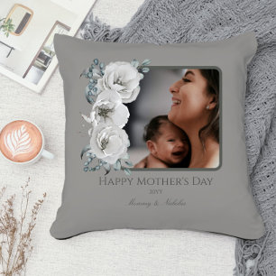 Watercolor Floral Photo Mother's Day   Grey Throw Pillow