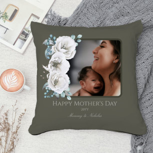 Watercolor Floral Photo Mother's Day   Olive Green Throw Pillow