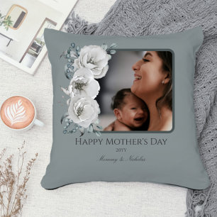 Watercolor Floral Photo Mother's Day   Sage Green Throw Pillow