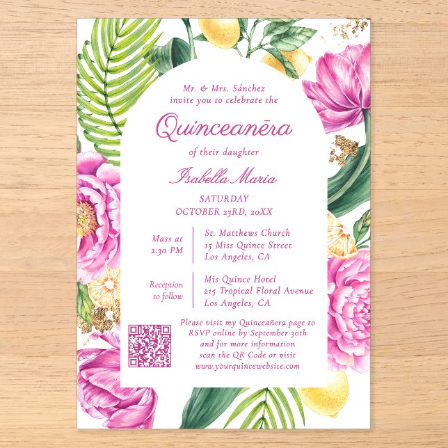 Watercolor Floral Photo QR Code Quinceañera Acrylic Invitations (Front)
