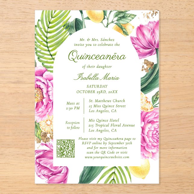 Watercolor Floral Photo QR Code Quinceañera Acrylic Invitations (Front)