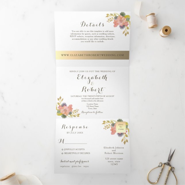 Watercolor Floral Photo Wedding Tri-Fold Invitation (Inside)