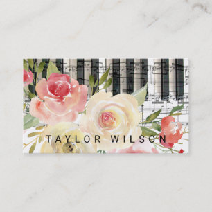 watercolor floral pianist music teacher business card