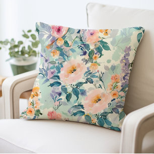 Watercolor Floral Pillow, Elegant Flower Print Throw Pillow