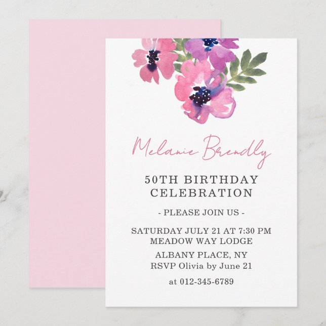 Watercolor Floral Pink 50th Birthday Party Invite  (Front/Back)