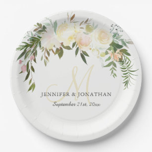 Watercolor Floral Pink Beige Ivory Wreath Wedding Paper Plate