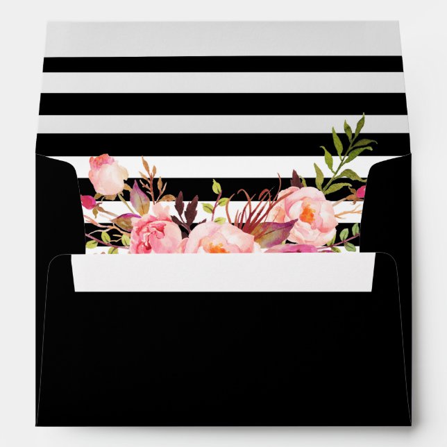 Watercolor Floral Pink Black Stripes Wedding Envelope (Back (Bottom))