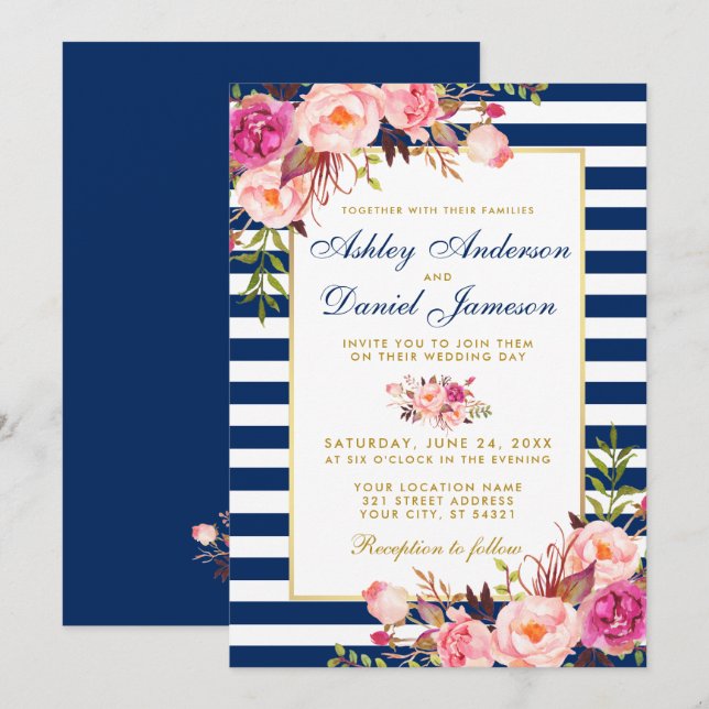 Watercolor Floral Pink Blue Stripes Gold Wedding Invitation (Front/Back)