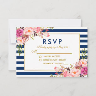 Watercolor Floral Pink Blue Stripes RSVP Wedding Card
