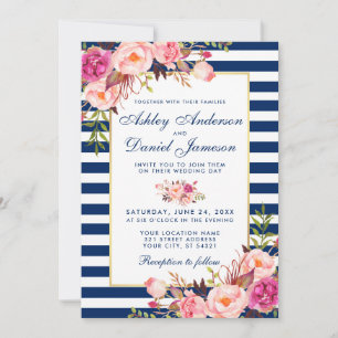 Watercolor Floral Pink Blue Stripes Wedding WB Invitation