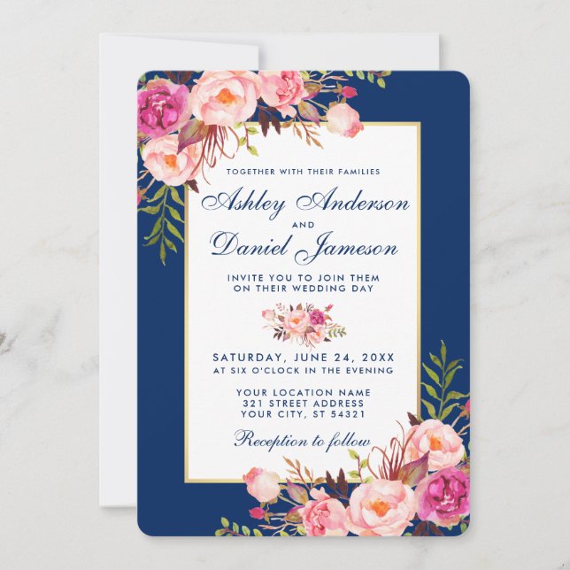 Watercolor Floral Pink Blue Wedding B Invitation (Front)