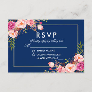 Watercolor Floral Pink Blush Blue RSVP Wedding Card