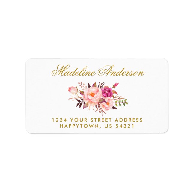 Watercolor Floral Pink Blush Gold Address Label (Front)