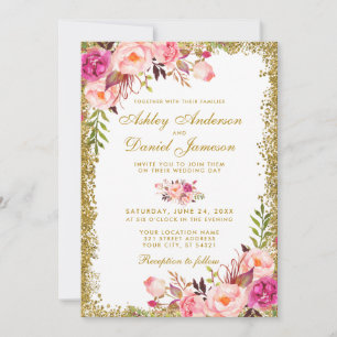Watercolor Floral Pink Blush Gold Glitter Wedding Invitation