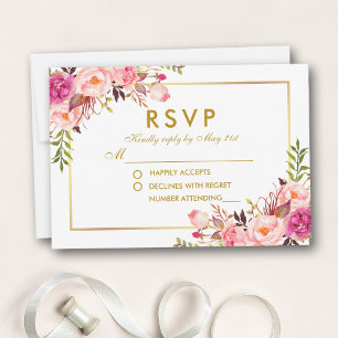 Watercolor Floral Pink Blush Gold RSVP Wedding Card