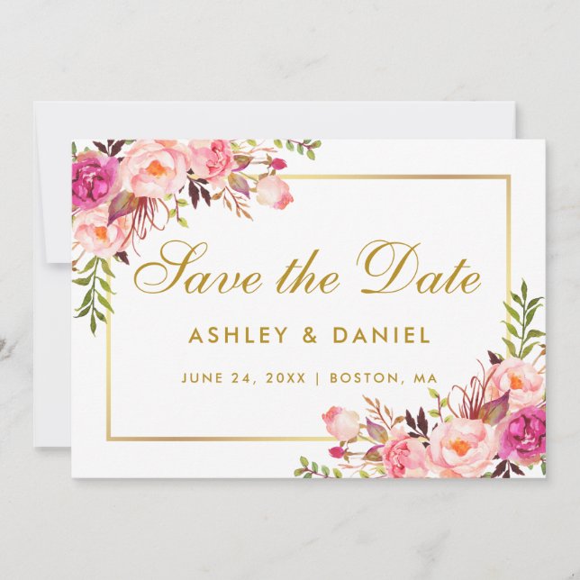 Watercolor Floral Pink Blush Gold Save The Date (Front)