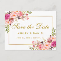 Watercolor Floral Pink Blush Gold Save The Date