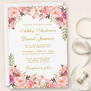 Watercolor Floral Pink Blush Gold Wedding Invitation