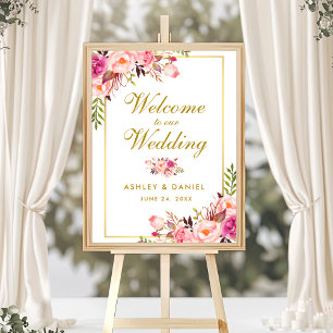 Watercolor Floral Pink Blush Gold Wedding Welcome Poster
