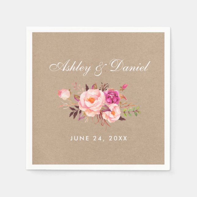 Watercolor Floral Pink Blush Kraft Wedding Napkin (Front)