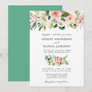 Watercolor Floral Pink Blush Neo Mint Wedding Invitation