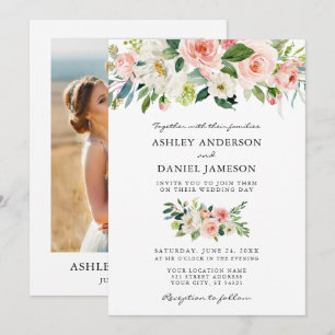 Watercolor Floral Pink Blush Photo Wedding Invitation