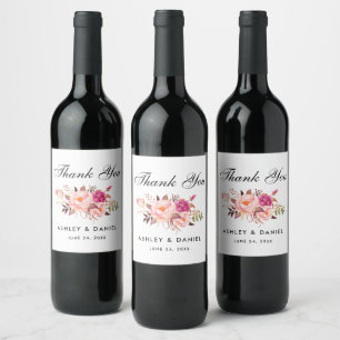 Watercolor Floral Pink Blush Wedding Wine Label
