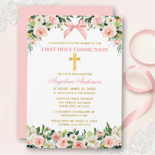 Watercolor Floral Pink Bow Gold Communion Invitation