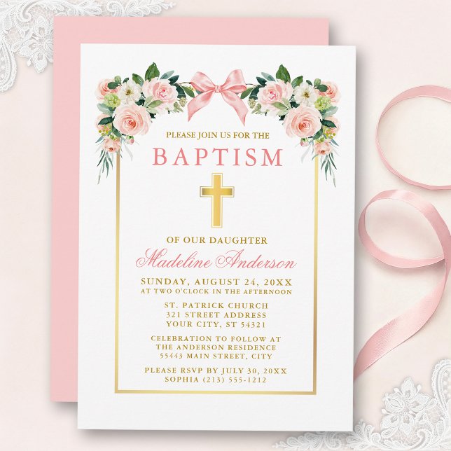 Watercolor Floral Pink Bow Gold Frame Baptism Invitation (Customize to change text color, size, style or to change color of back of card.)