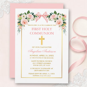 Watercolor Floral Pink Bow Gold Frame Communion Invitation
