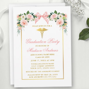 Watercolor Floral Pink Bow Medical Grad Party Invitation