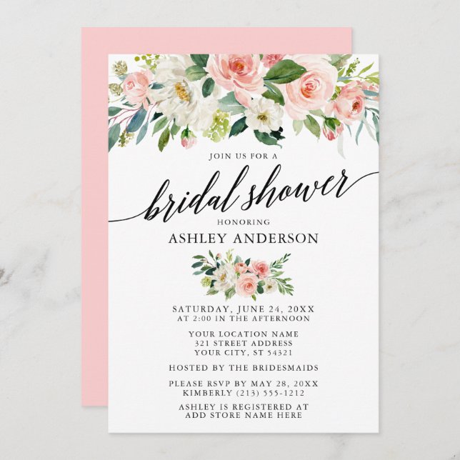 Watercolor Floral Pink Bridal Shower Calligraphy Invitation (Front/Back)