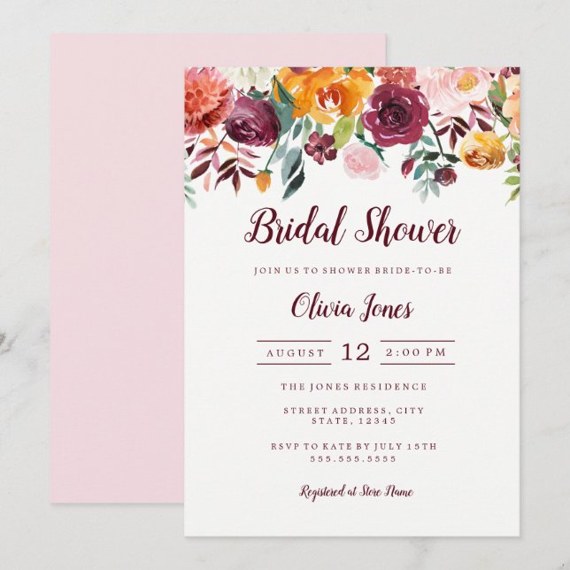 Watercolor Floral Pink Bridal Shower Card (Front/Back)