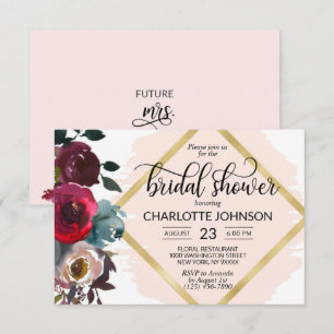 Watercolor Floral Pink Burgundy Gold Bridal Shower Invitation