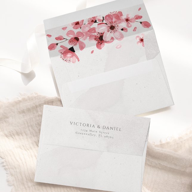Watercolor Floral Pink Cherry Blossom Wedding Envelope (Creator Uploaded)
