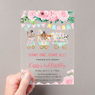 Watercolor Floral Pink Circus Animals Birthday Acrylic Invitations