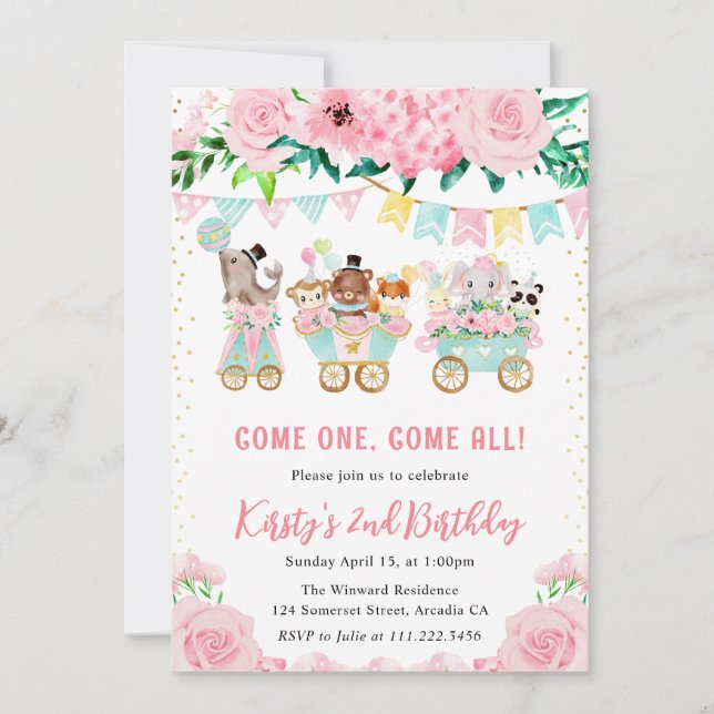 Watercolor Floral Pink Circus Animals Birthday Invitation (Front)